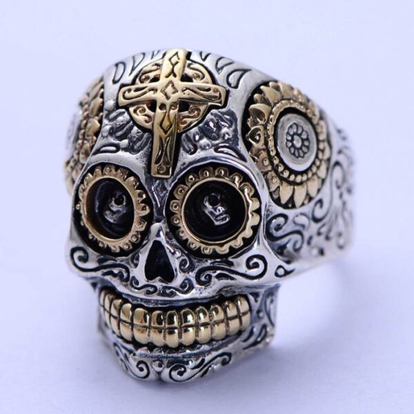 Mens Sterling Silver Cross Skull Ring