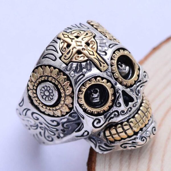 Mens Sterling Silver Cross Skull Ring