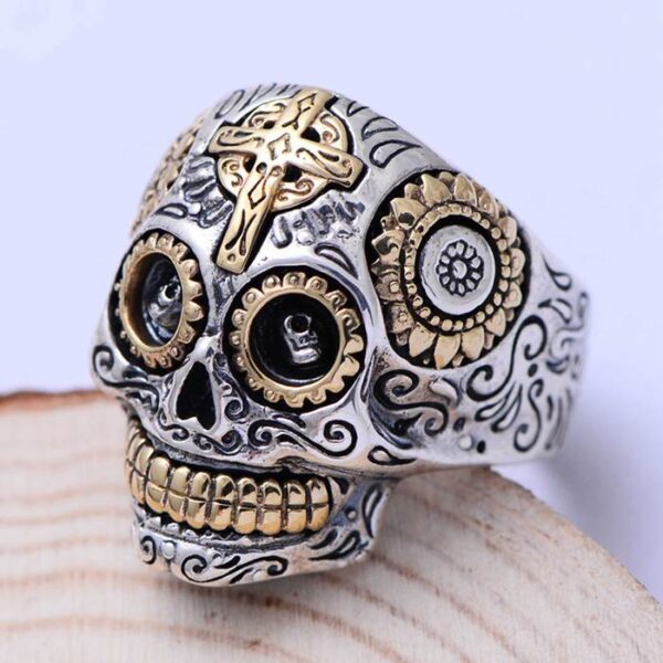 Mens Sterling Silver Cross Skull Ring