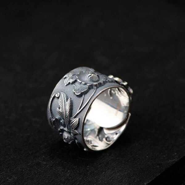 990 Silver Peony Flower Ring