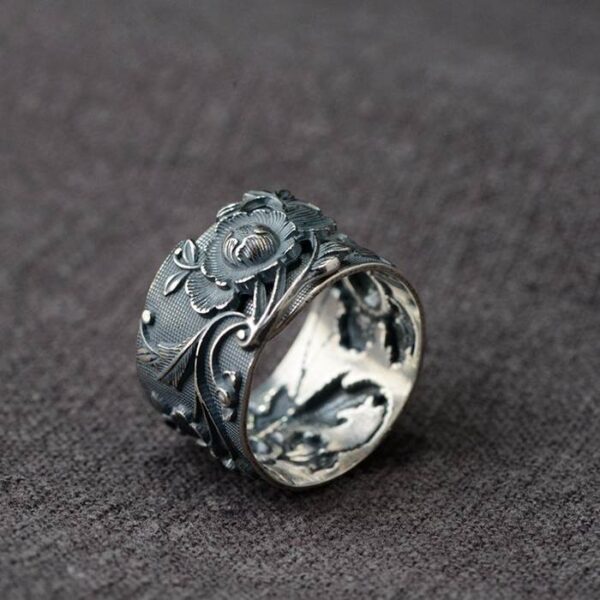 990 Silver Peony Flower Ring