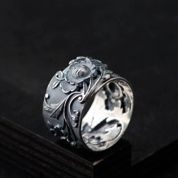 990 Silver Peony Flower Ring