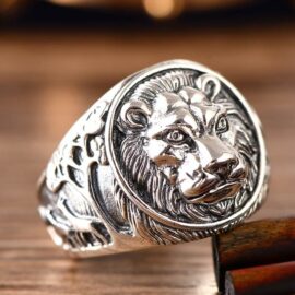Mens Sterling Silver Lion Head Ring
