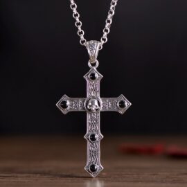 Silver Black Agate Skull Cross Pendant Necklace
