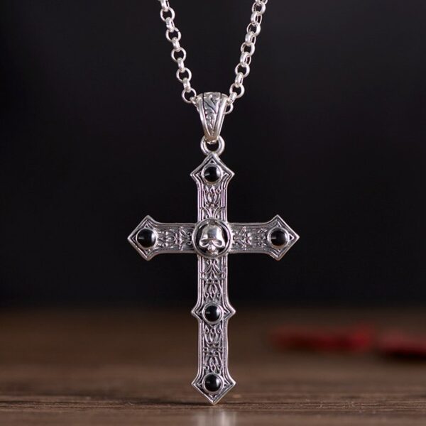 Silver Black Agate Skull Cross Pendant Necklace