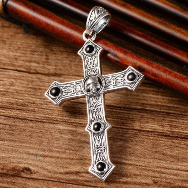 Silver Black Agate Skull Cross Pendant Necklace