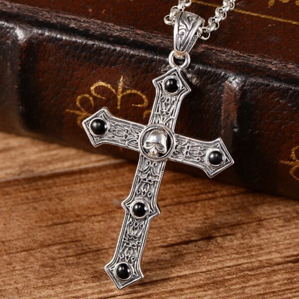 Silver Black Agate Skull Cross Pendant Necklace