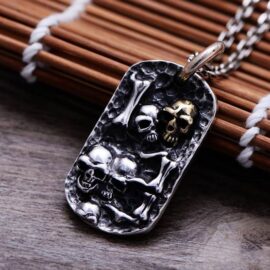 Sterling Silver Skull Dog Tag Pendant Necklace