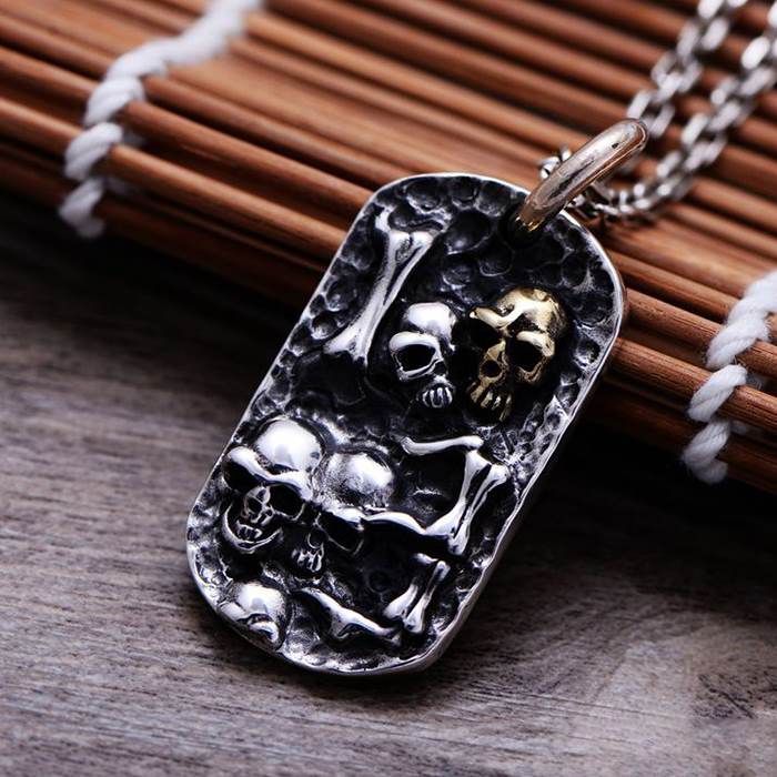 Sterling Silver Skull Dog Tag Pendant Necklace VVV Jewelry