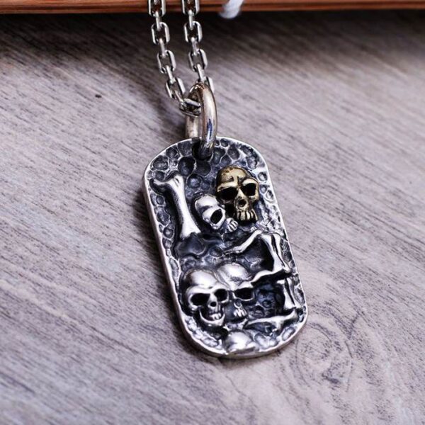 Sterling Silver Skull Dog Tag Pendant Necklace