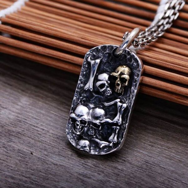 Sterling Silver Skull Dog Tag Pendant Necklace