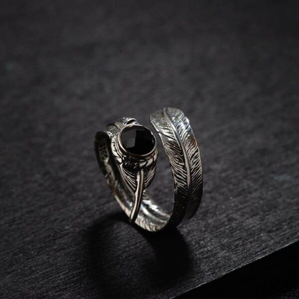 Adjustable Feather Onyx Ring