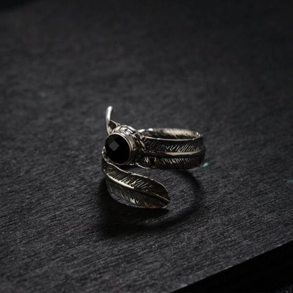 Adjustable Feather Onyx Ring