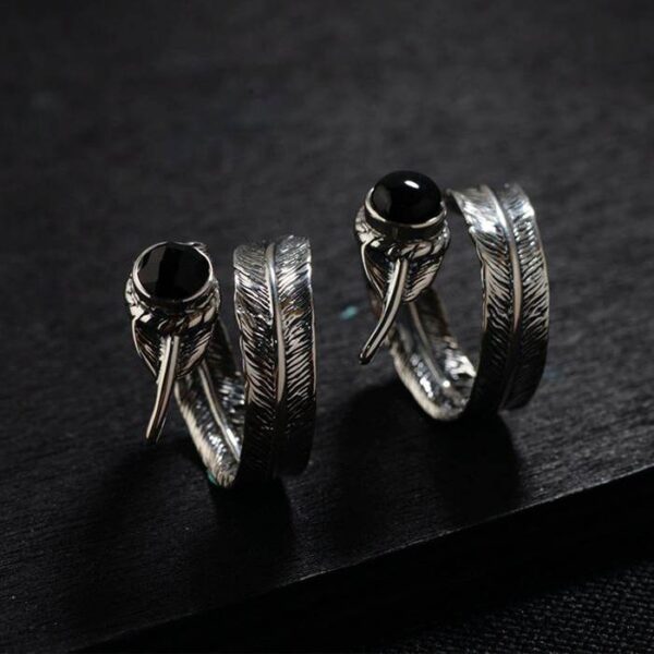 Adjustable Feather Onyx Ring