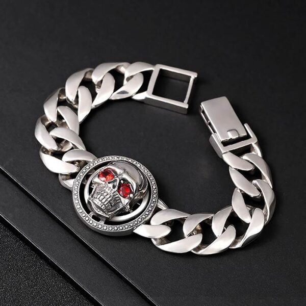 Mens Sterling Silver Red Eye Skull Bracelet