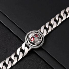 Mens Sterling Silver Red Eye Skull Bracelet