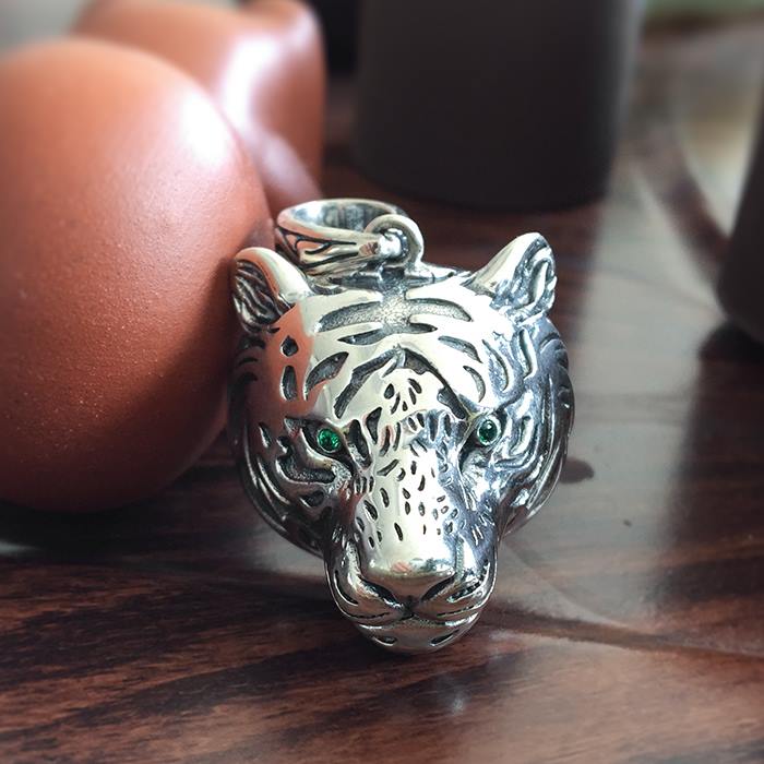 Mens Sterling Silver Tiger Head Pendant Necklace VVV Jewelry