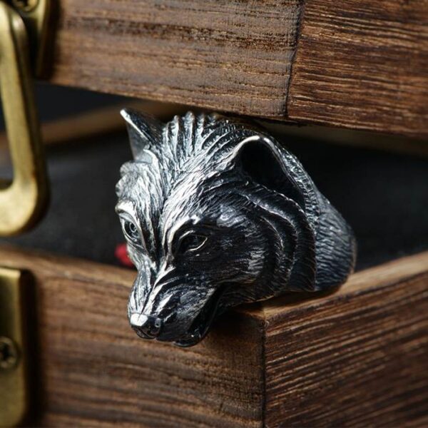 Silver Wolf Head Ring