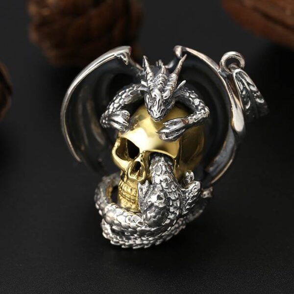 Silver Dragon Skull Pendant Necklace