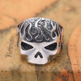 Silver Flame Skull Biker Ring