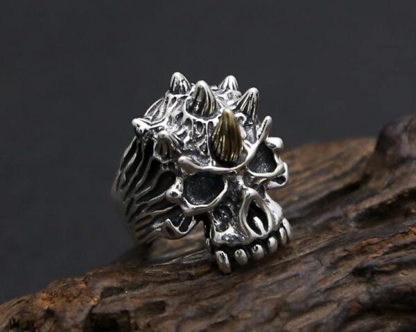 Silver Golden Horn Skull Ring