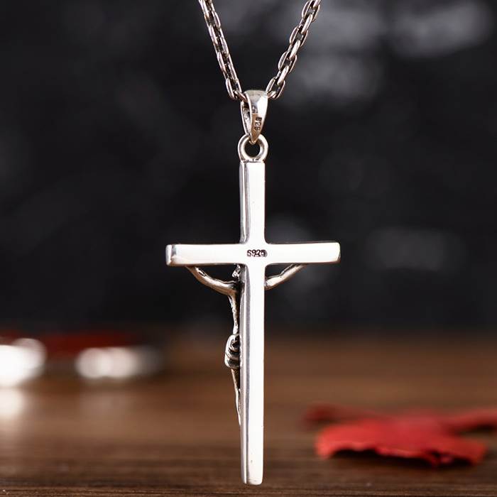 925 Sterling Silver Cross Pendant For Men - Religious Crucifix Charm With Rolo Chain