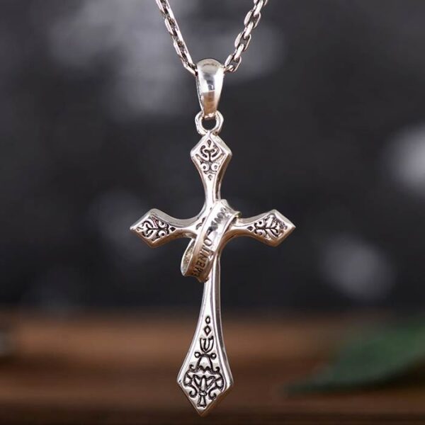 Sterling Silver Lord's Prayer Cross Halo Pendant Necklace