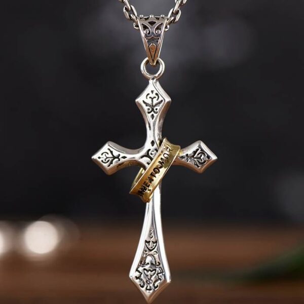 Sterling Silver Lord's Prayer Cross Halo Pendant Necklace