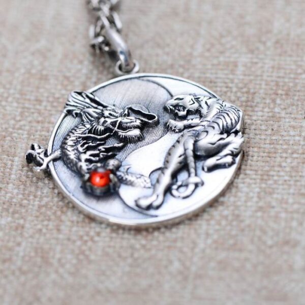 Silver Dragon & Tiger Pendant Necklace