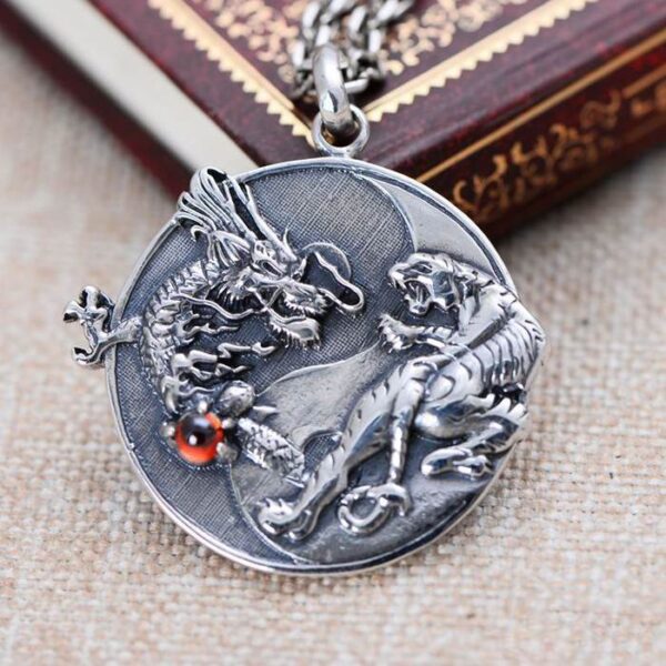 Silver Dragon & Tiger Pendant Necklace