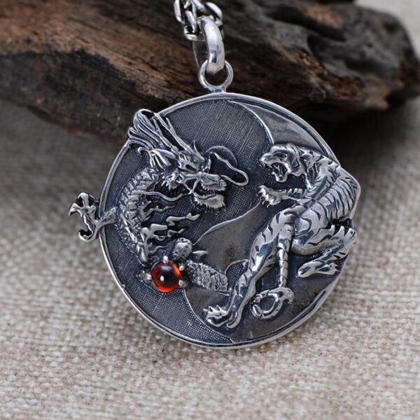 Silver Dragon & Tiger Pendant Necklace