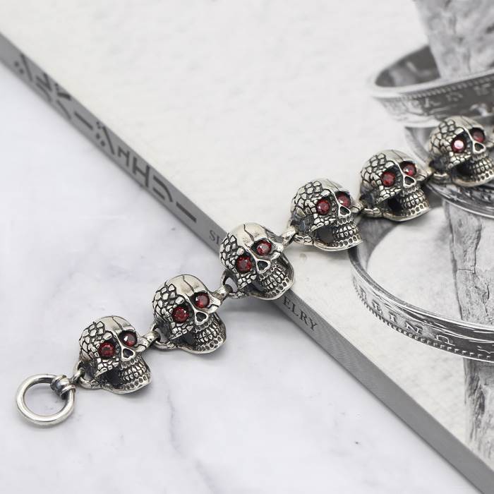 Mens Sterling Silver Skull Beaded Bracelet VVV Jewelry
