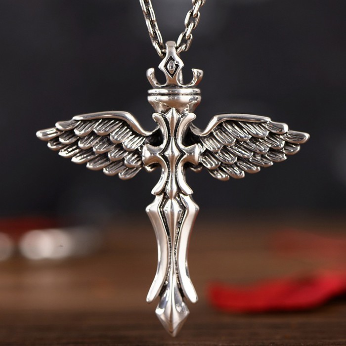 Sterling Silver Angel Wings Pendant Necklace VVV Jewelry