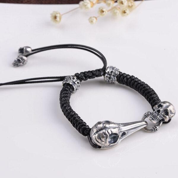 Sterling Silver Eagle Bone Skull Braided Leather Bracelet