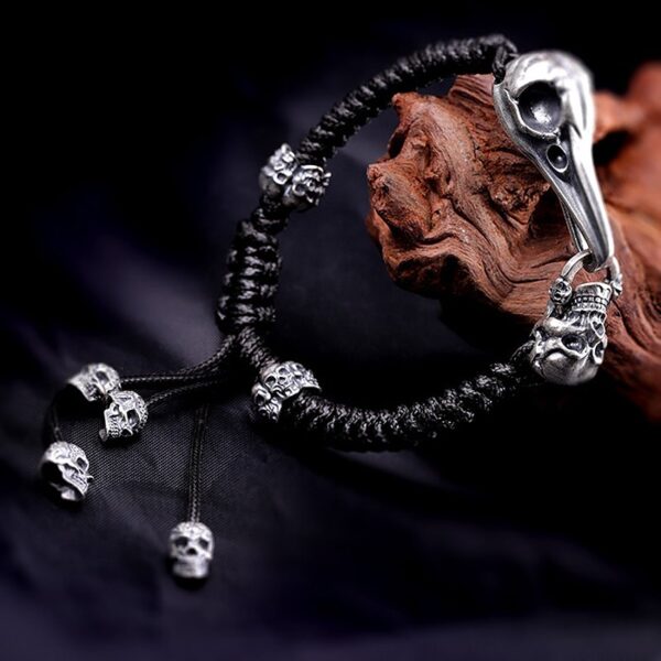 Sterling Silver Eagle Bone Skull Braided Leather Bracelet