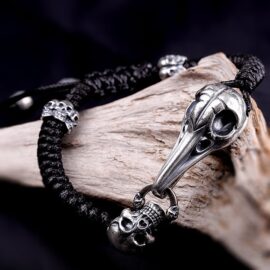 Sterling Silver Eagle Bone Skull Braided Leather Bracelet