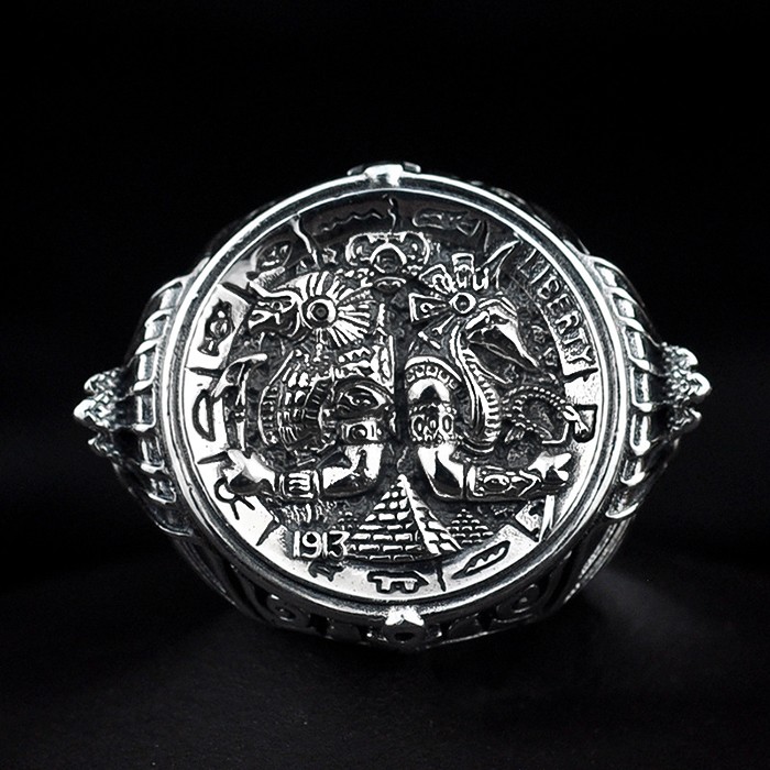 Mens Sterling Silver Horus & Anubis Hobo Nickel Ring VVV