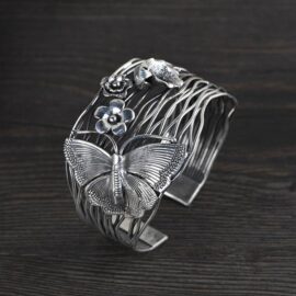 Silver Butterfly Flower Cuff Bracelet