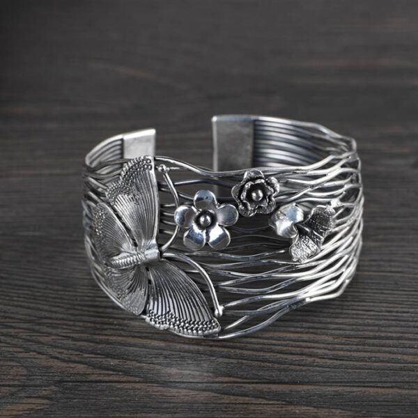 Silver Butterfly Flower Cuff Bracelet