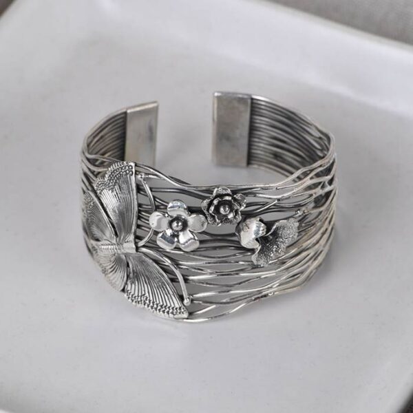 Silver Butterfly Flower Cuff Bracelet