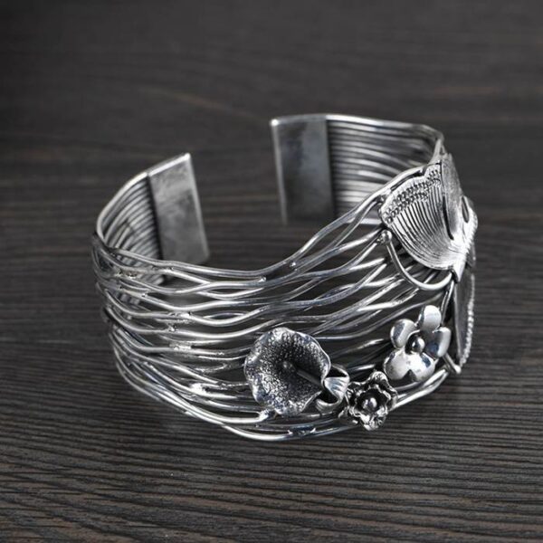 Silver Butterfly Flower Cuff Bracelet