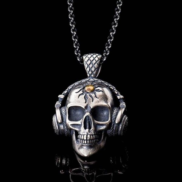 Silver Skull Pendant Necklace With A Headset