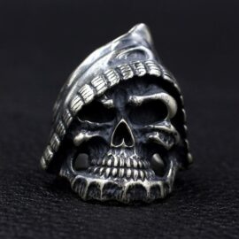 Black Sterling Silver Grim Reaper Biker Skull Ring - vvvjewelry