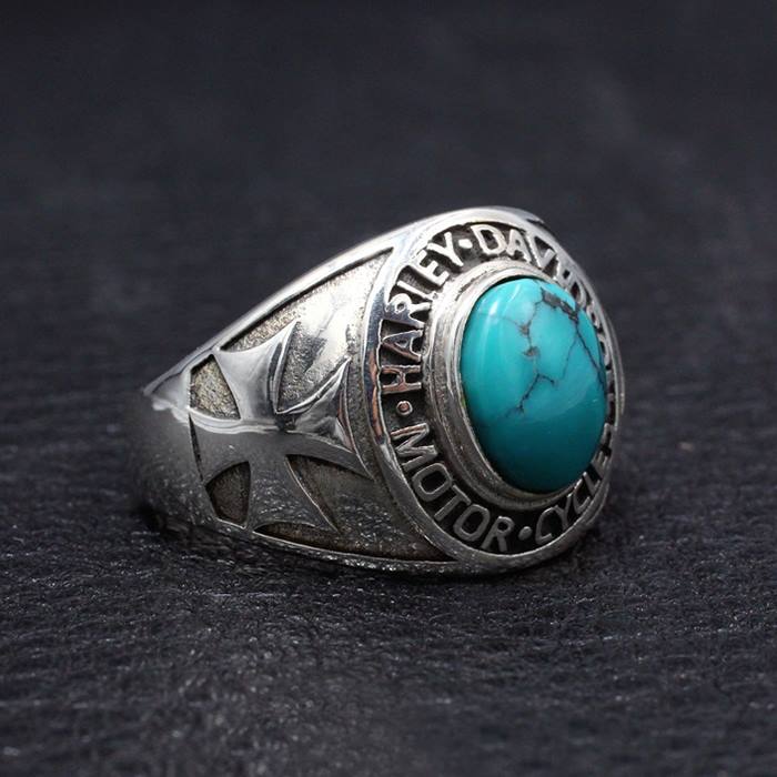 Mens Turquoise Harley Motor Biker Ring 1