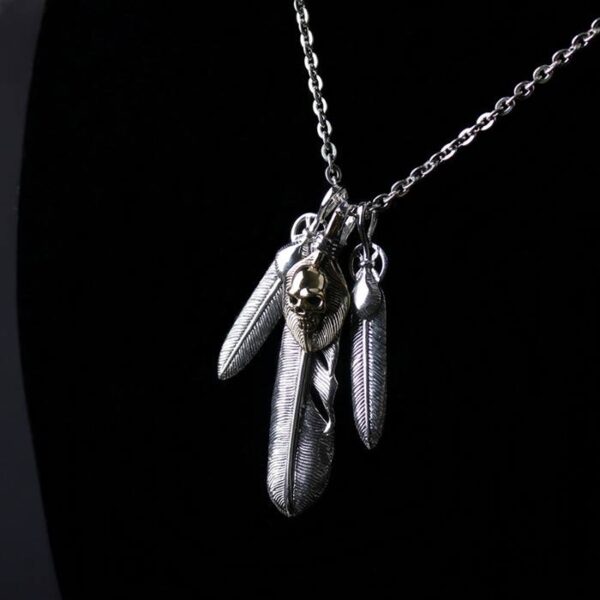 Sterling Silver Feather & Gold Skull Necklace