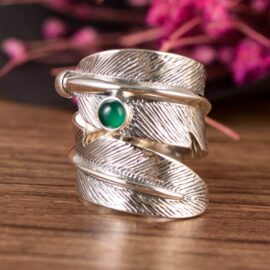 Sterling Silver Green Agate Feather Ring