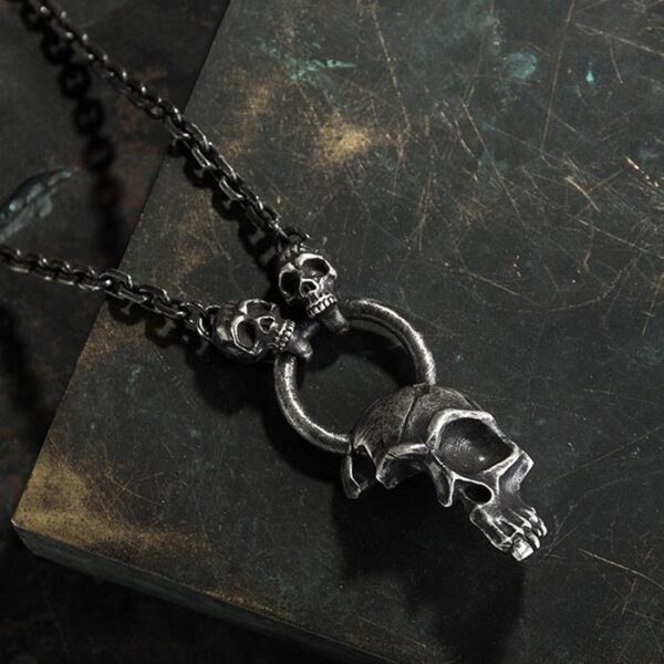 Heavy Gothic Half Skull With 2 Skulls & Oval Chain Links Necklace
