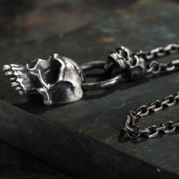 Heavy Gothic Half Skull With 2 Skulls & Oval Chain Links Necklace