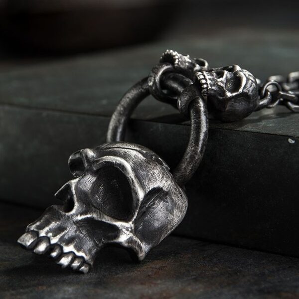 Heavy Gothic Half Skull With 2 Skulls & Oval Chain Links Necklace