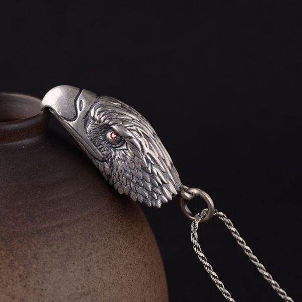 Mens Fine Silver Eagle Head Pendant Necklace